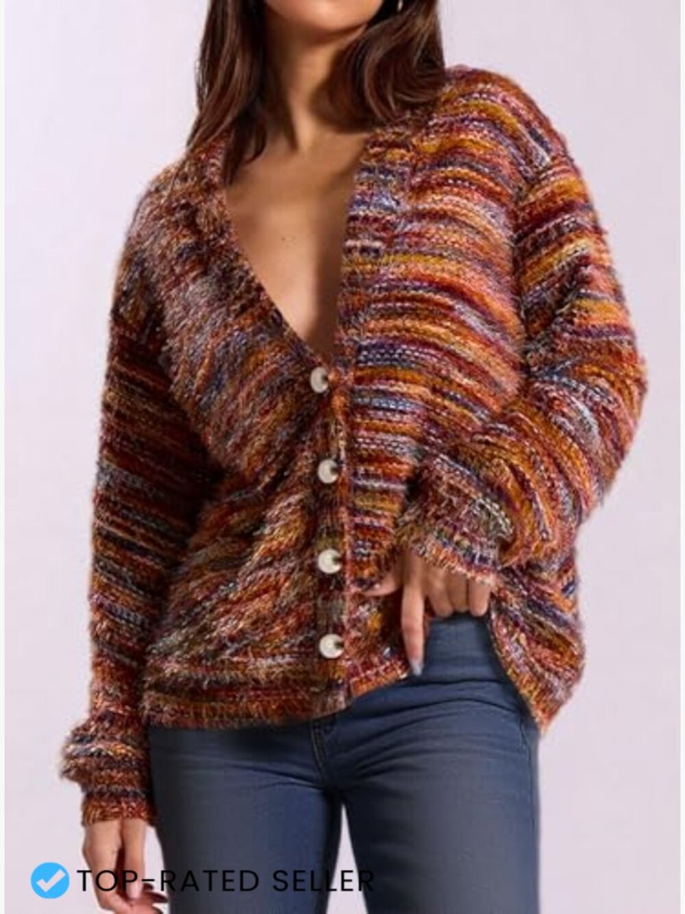 Striped V-Neck Cardigan Fuzzy Knit Oversized Chic Fall Winter Outerwear - Picture 3 of 7